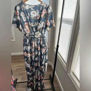 Baltic Born Slate Blue Floral Wrap Maxi Dress with Pink and White Blooms